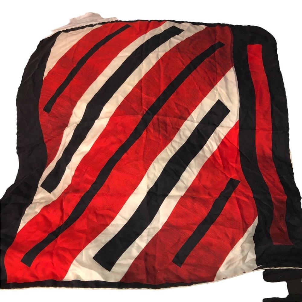 Vintage 100% silk hand rolled sewn red black graphic print scarf 80s 27x25"